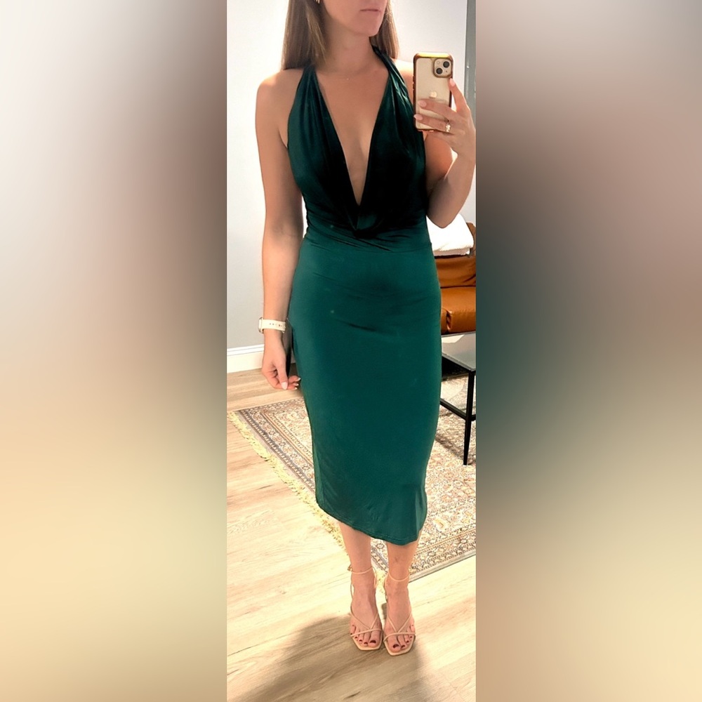 Lulus Emerald Cowl Neck Halter Midi Dress